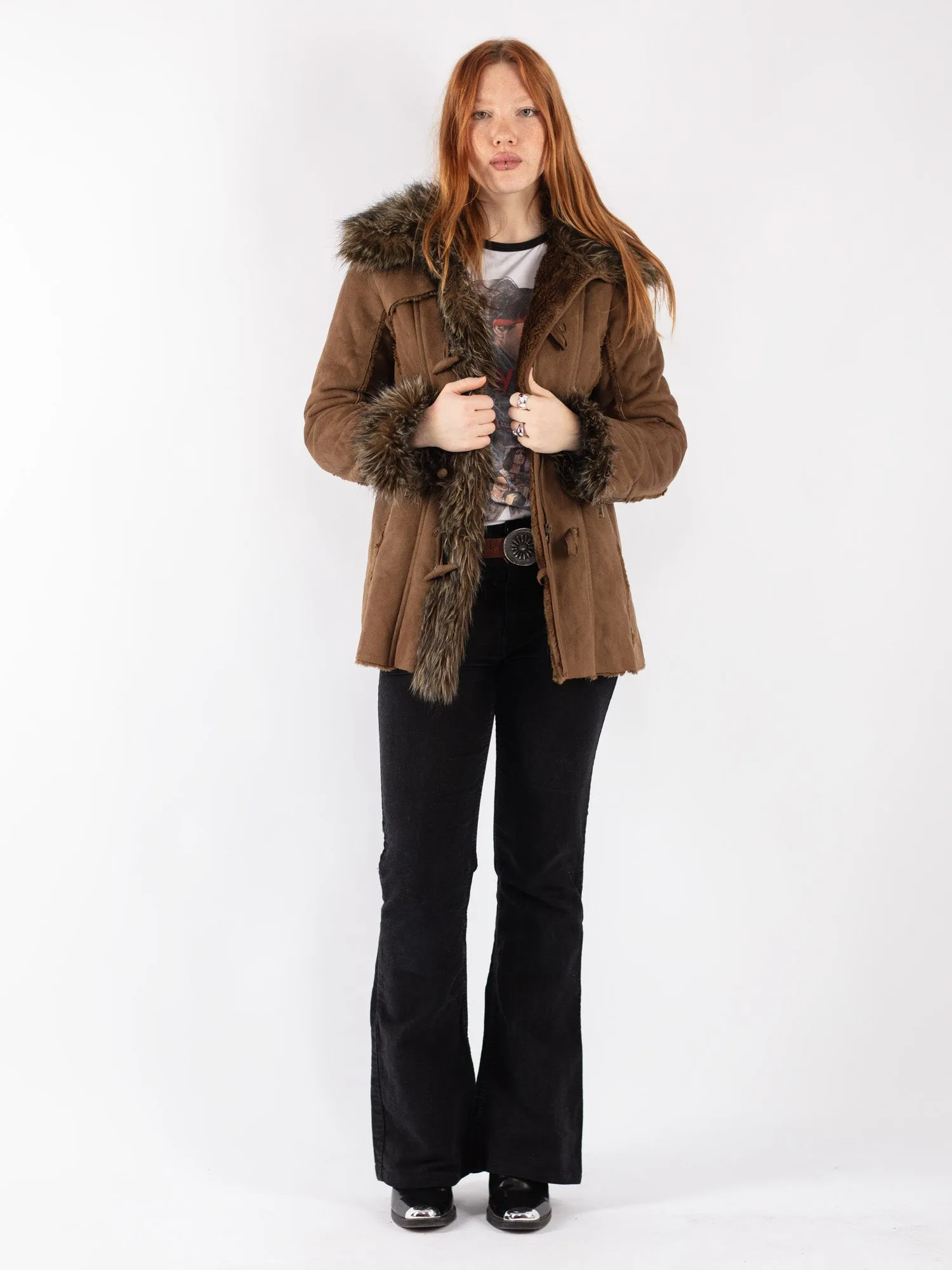 Vintage 00's Women Faux Sheepskin Coat in Brown