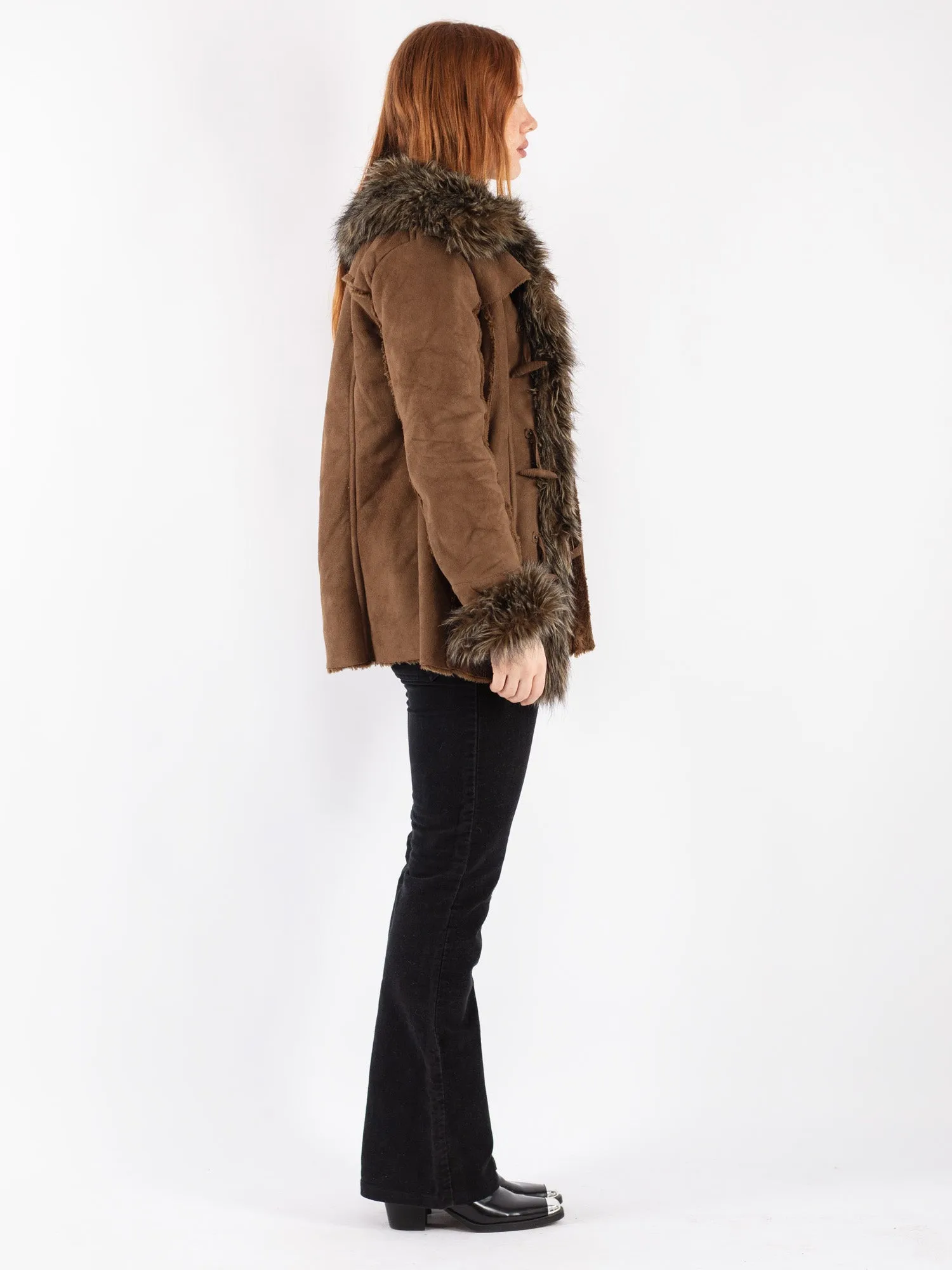 Vintage 00's Women Faux Sheepskin Coat in Brown