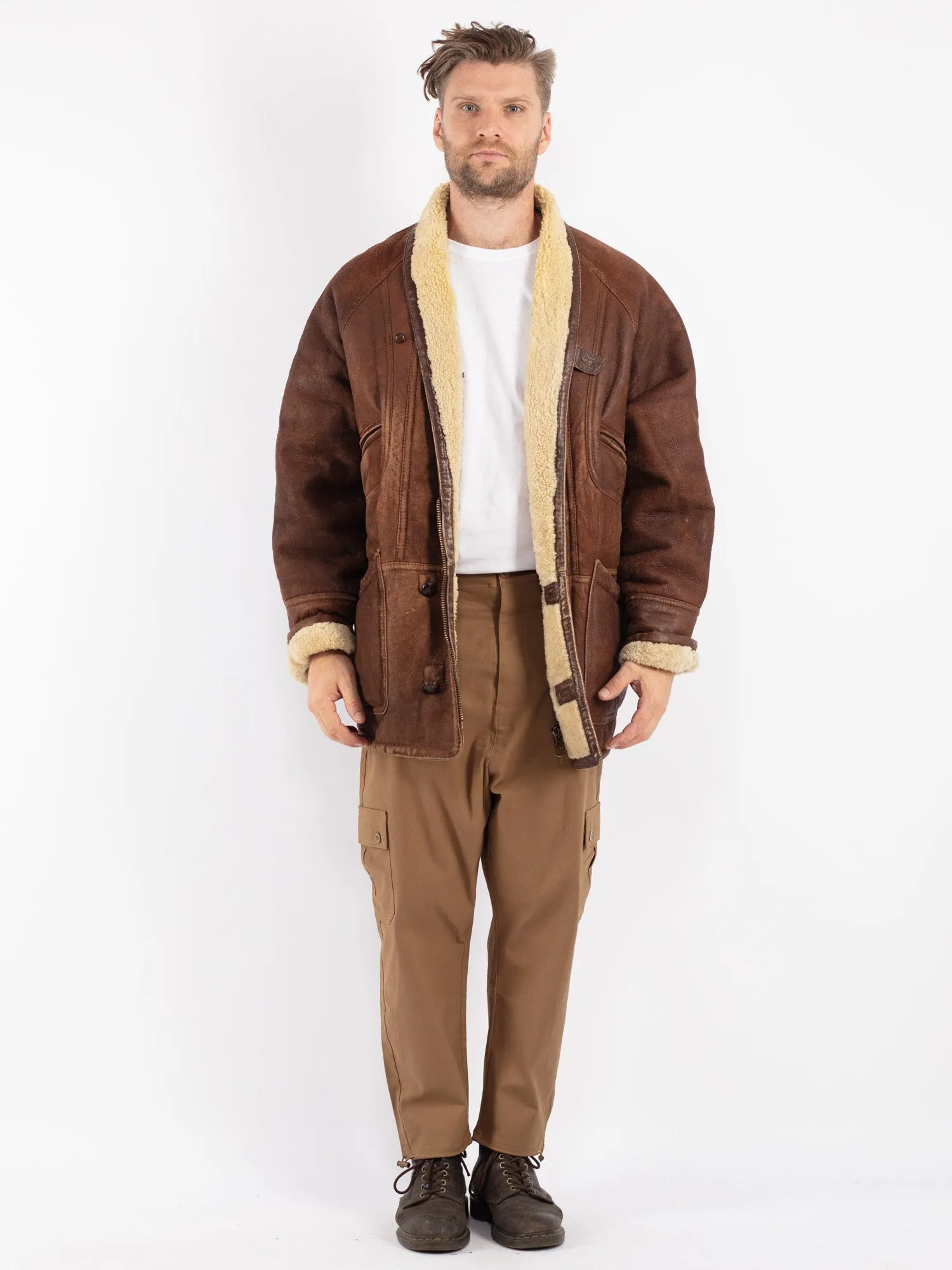 Vintage 70's Men Sheepskin Shearling Coat in Brown