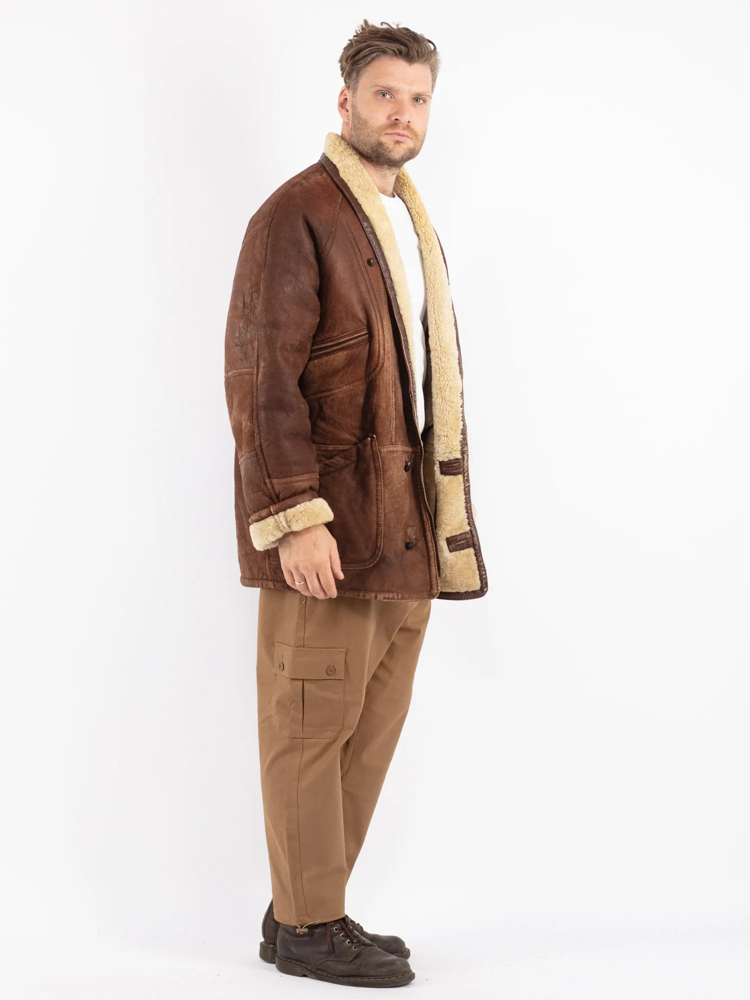 Vintage 70's Men Sheepskin Shearling Coat in Brown