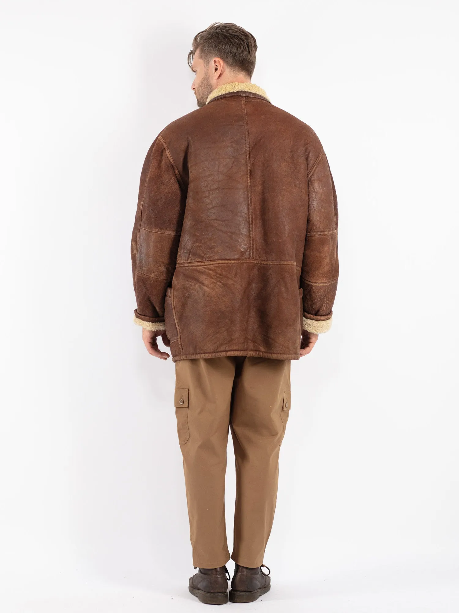 Vintage 70's Men Sheepskin Shearling Coat in Brown