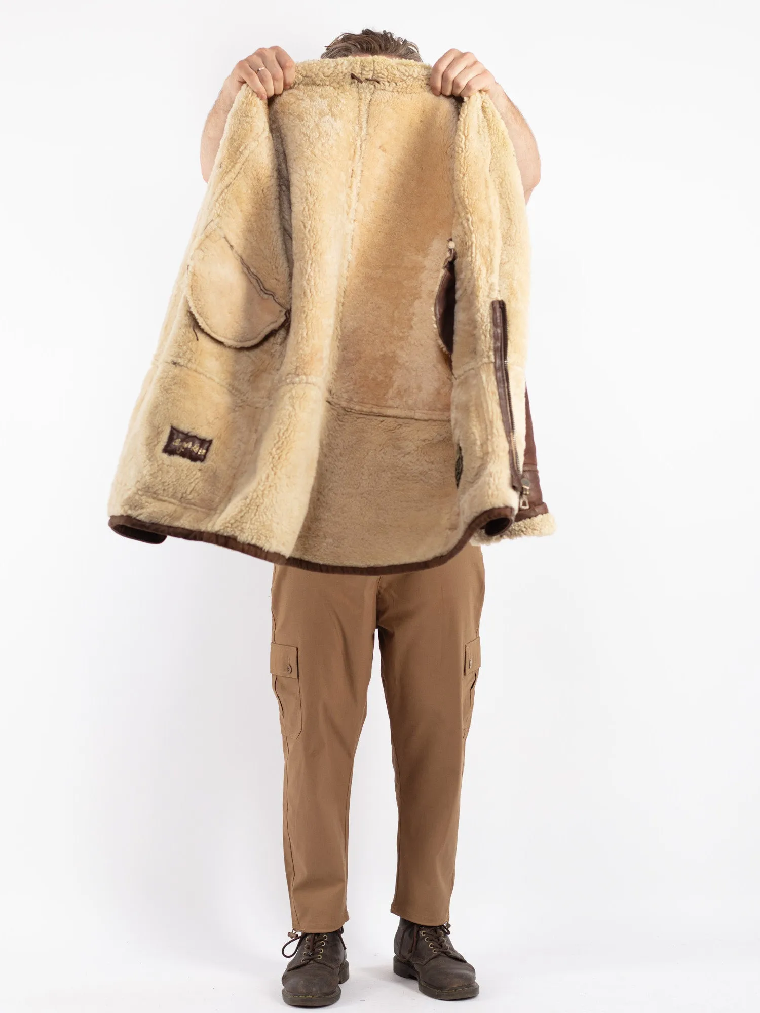 Vintage 70's Men Sheepskin Shearling Coat in Brown