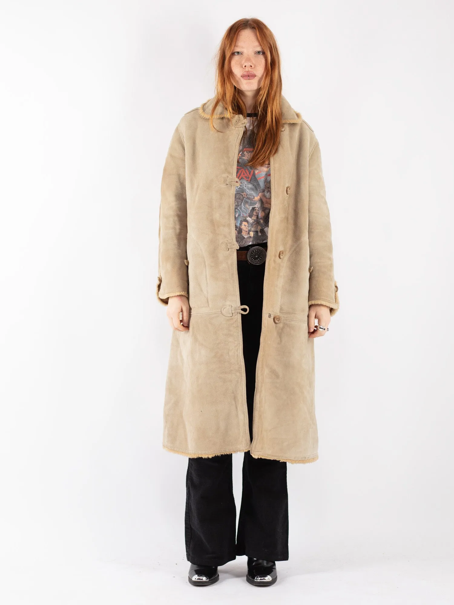 Vintage 70's Women Sheepskin Long Coat in Beige