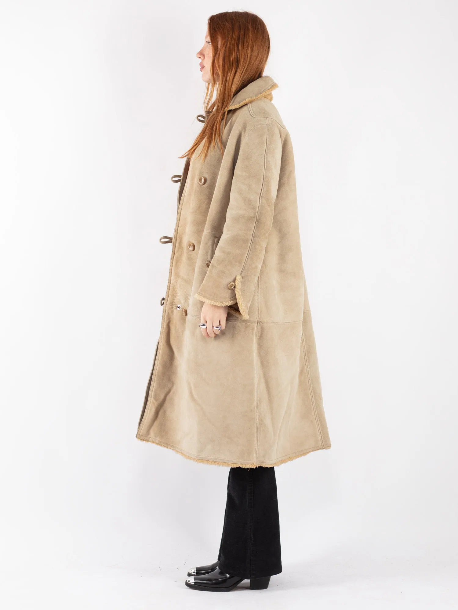 Vintage 70's Women Sheepskin Long Coat in Beige