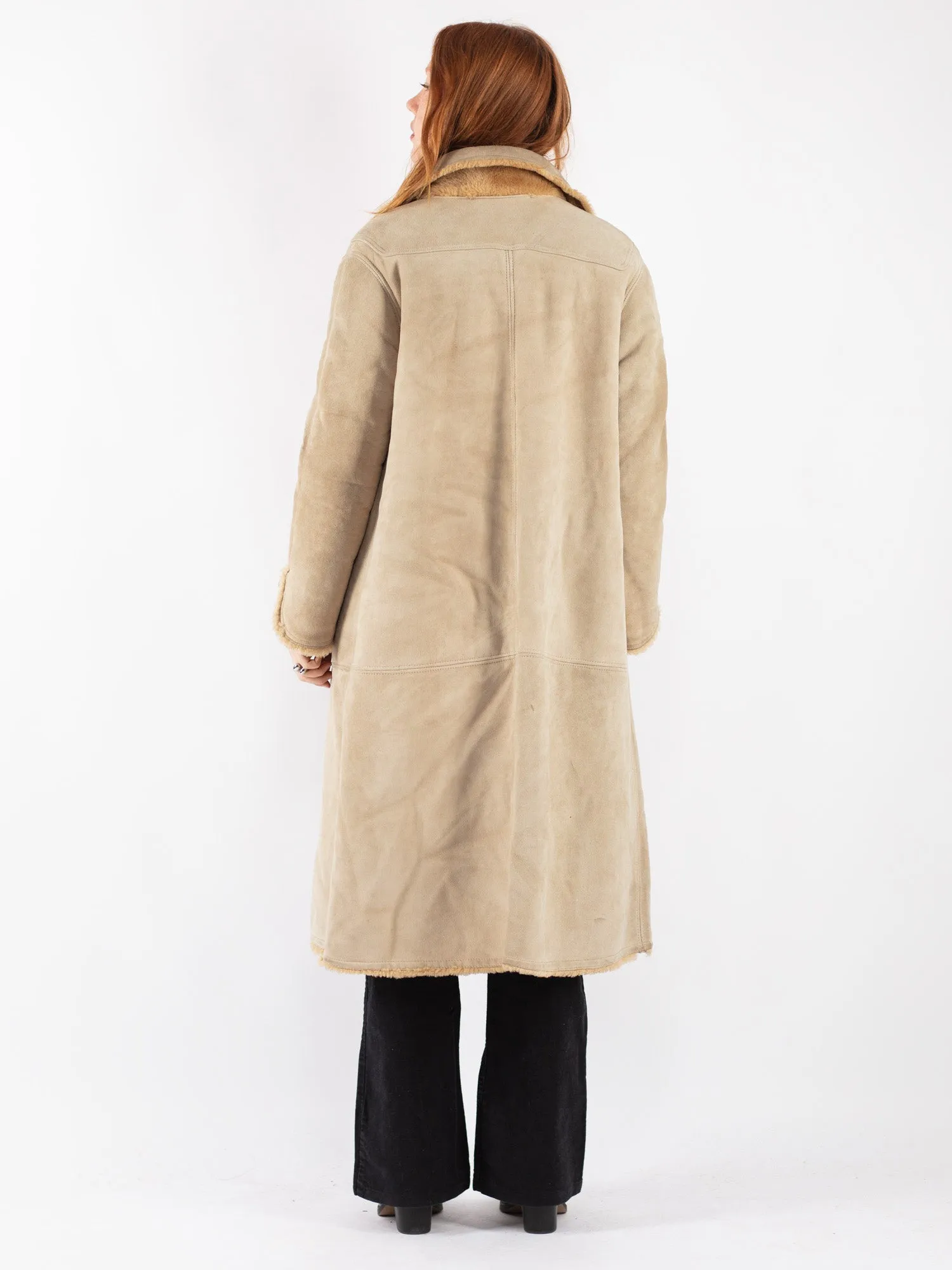 Vintage 70's Women Sheepskin Long Coat in Beige