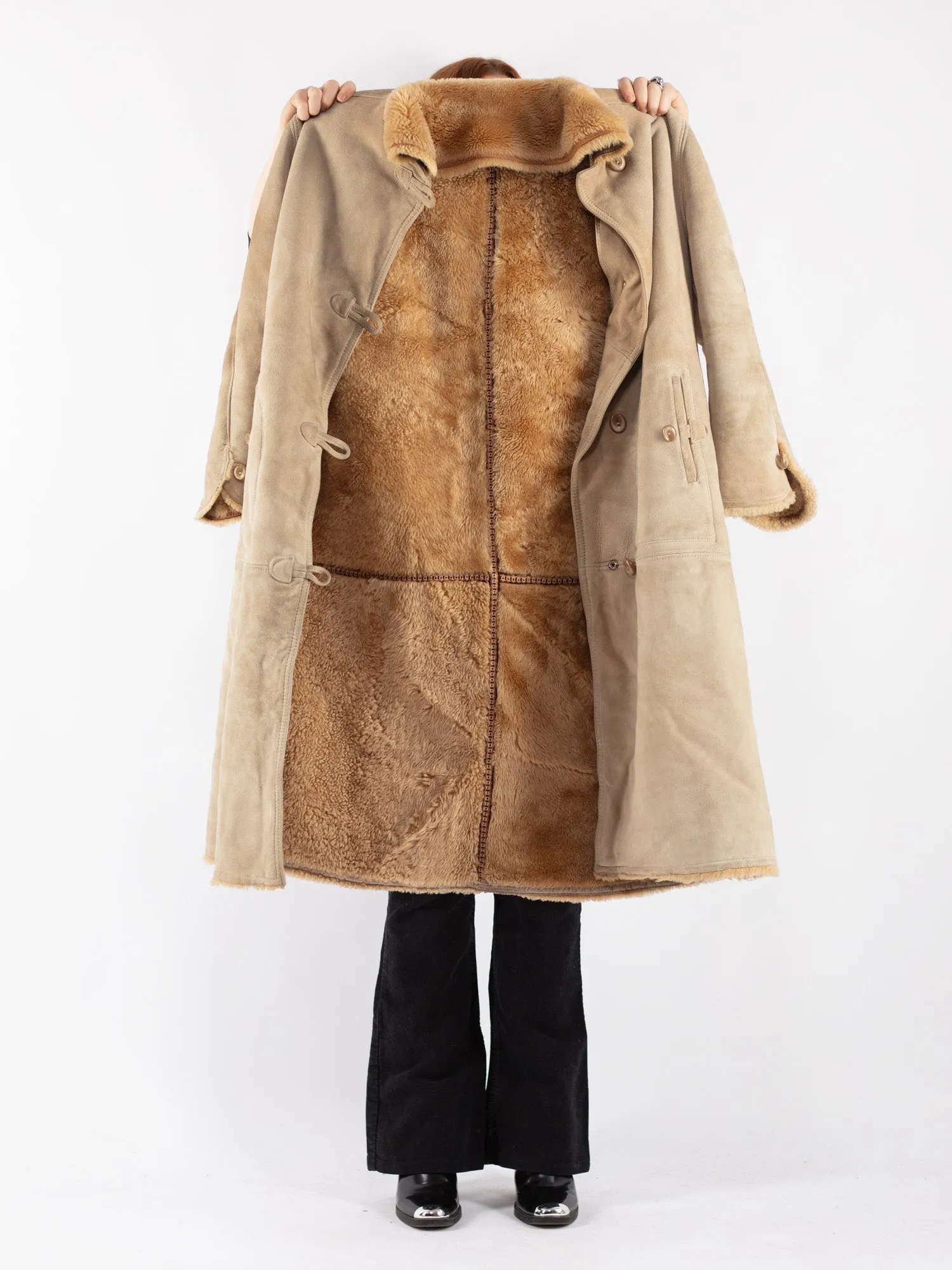 Vintage 70's Women Sheepskin Long Coat in Beige