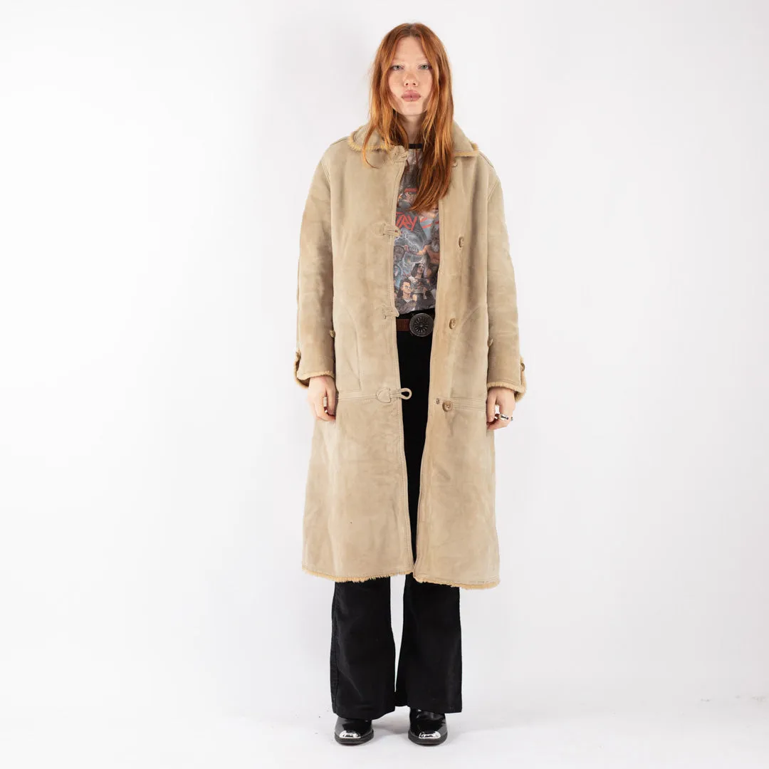 Vintage 70's Women Sheepskin Long Coat in Beige