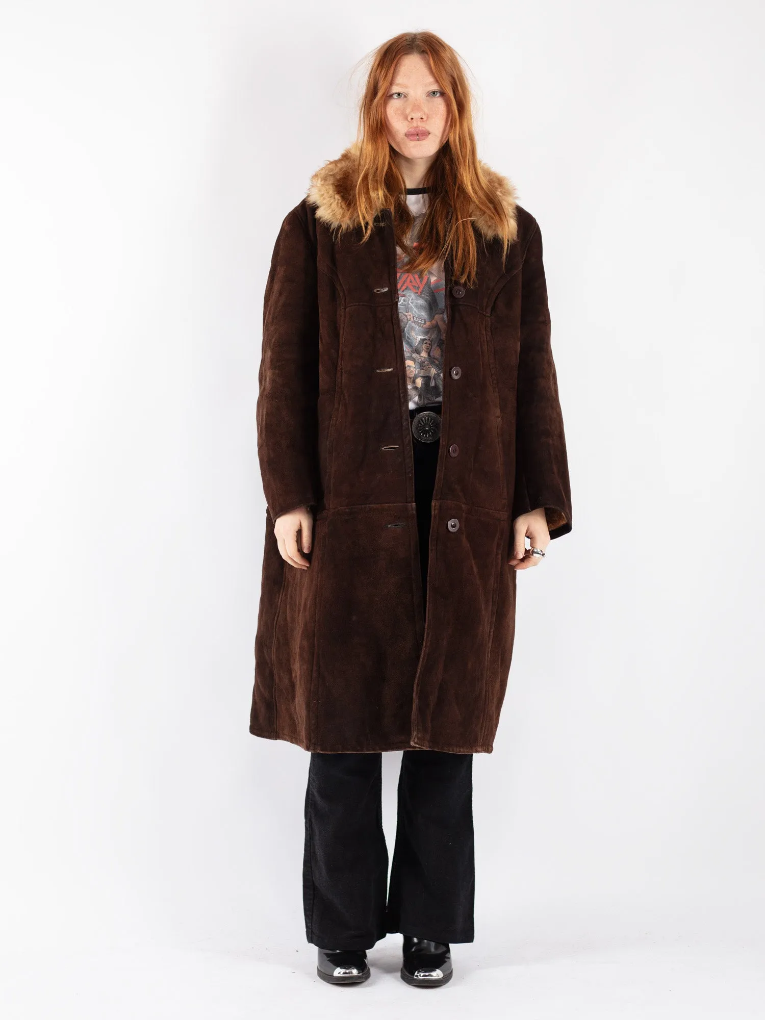 Vintage 70's Women Sheepskin Long Coat in Brown