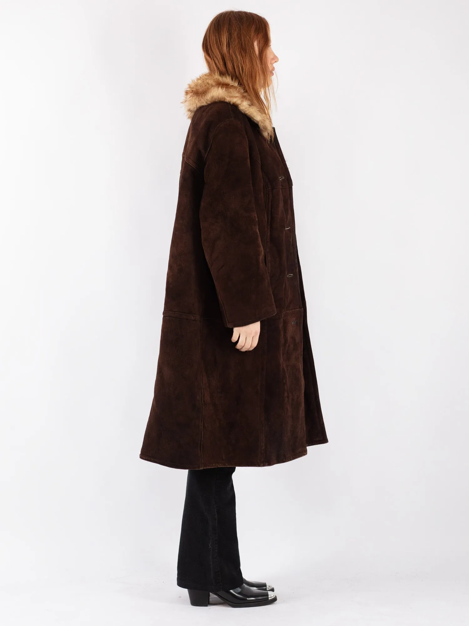 Vintage 70's Women Sheepskin Long Coat in Brown