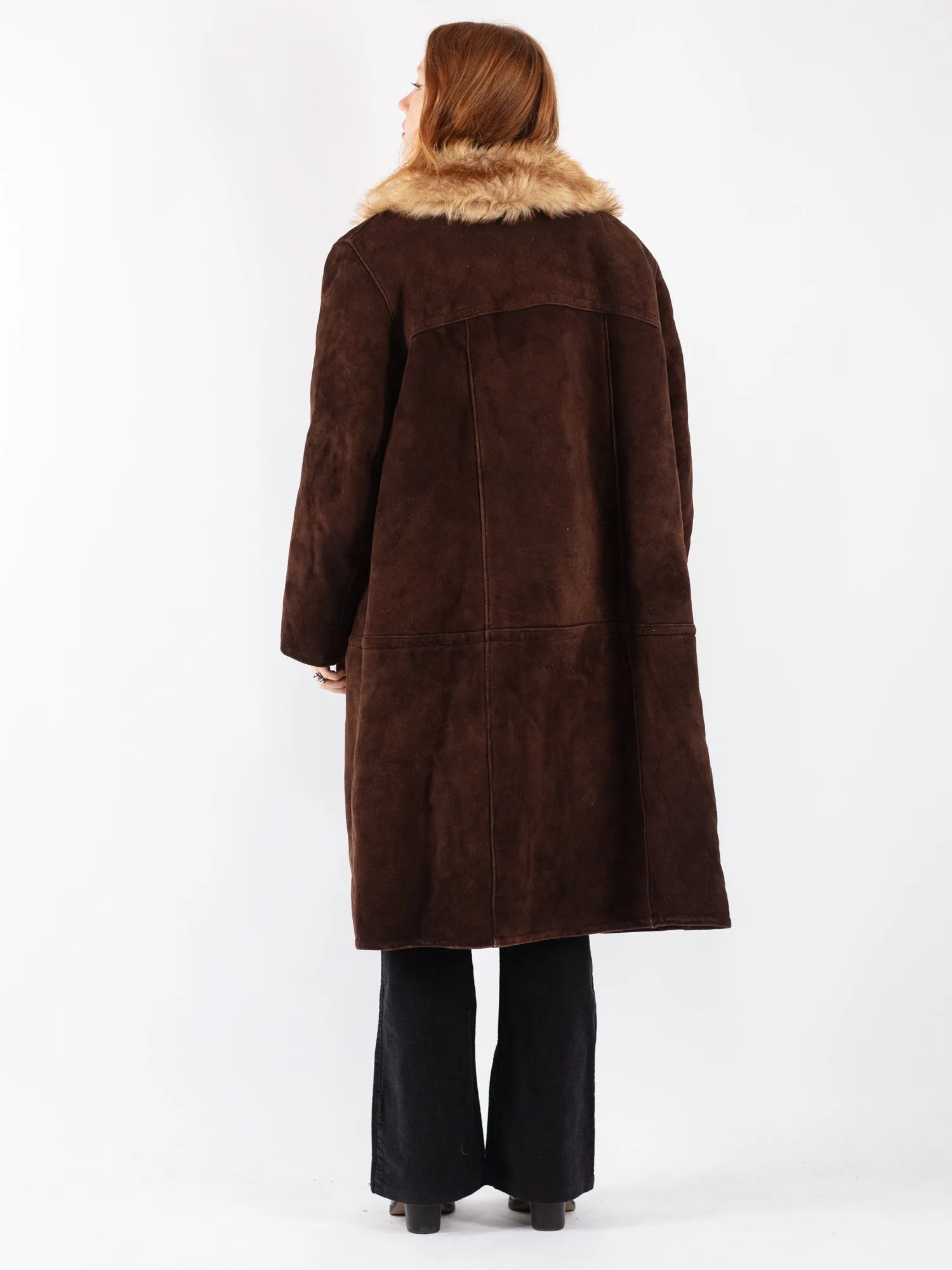 Vintage 70's Women Sheepskin Long Coat in Brown