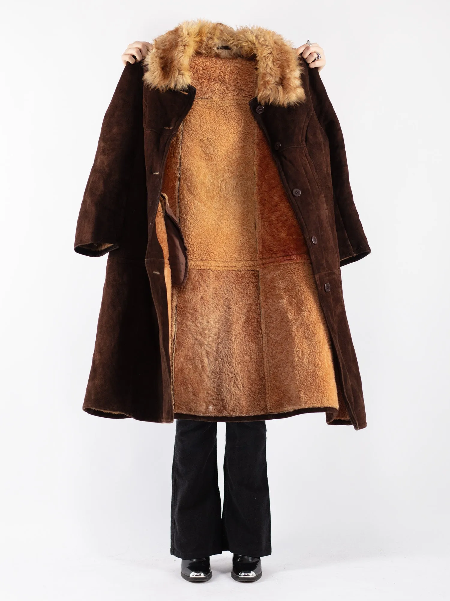 Vintage 70's Women Sheepskin Long Coat in Brown