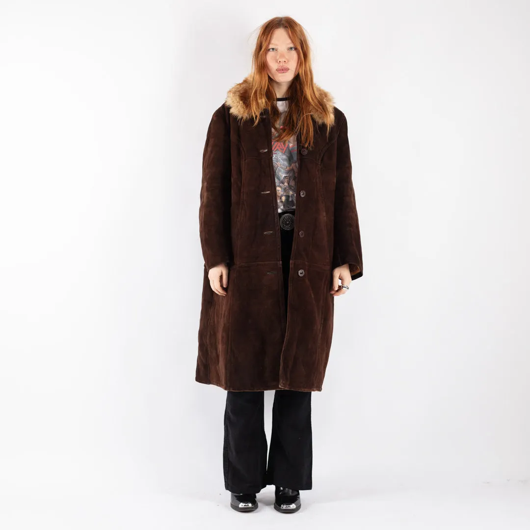 Vintage 70's Women Sheepskin Long Coat in Brown