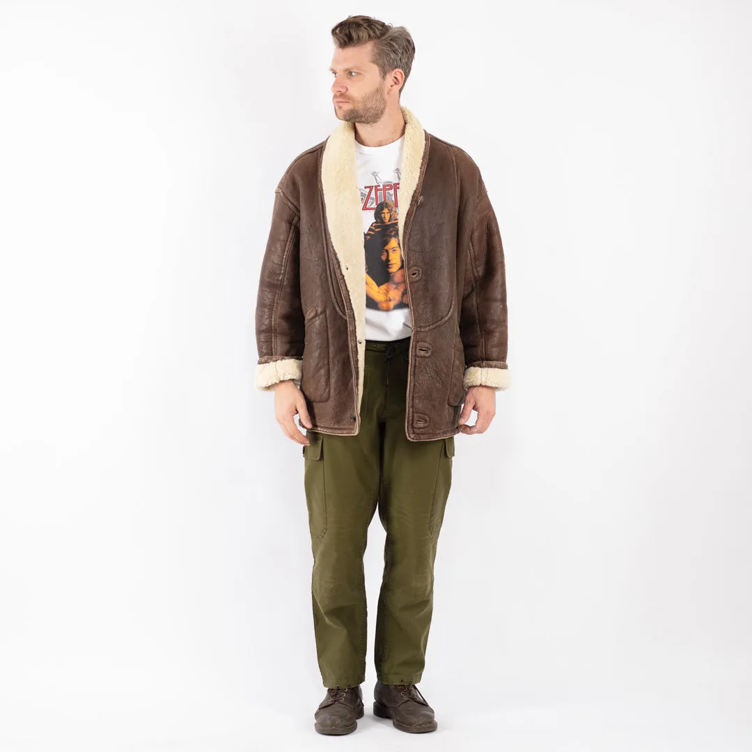 Vintage 80's Men Sheepskin Shearling Coat in Brown