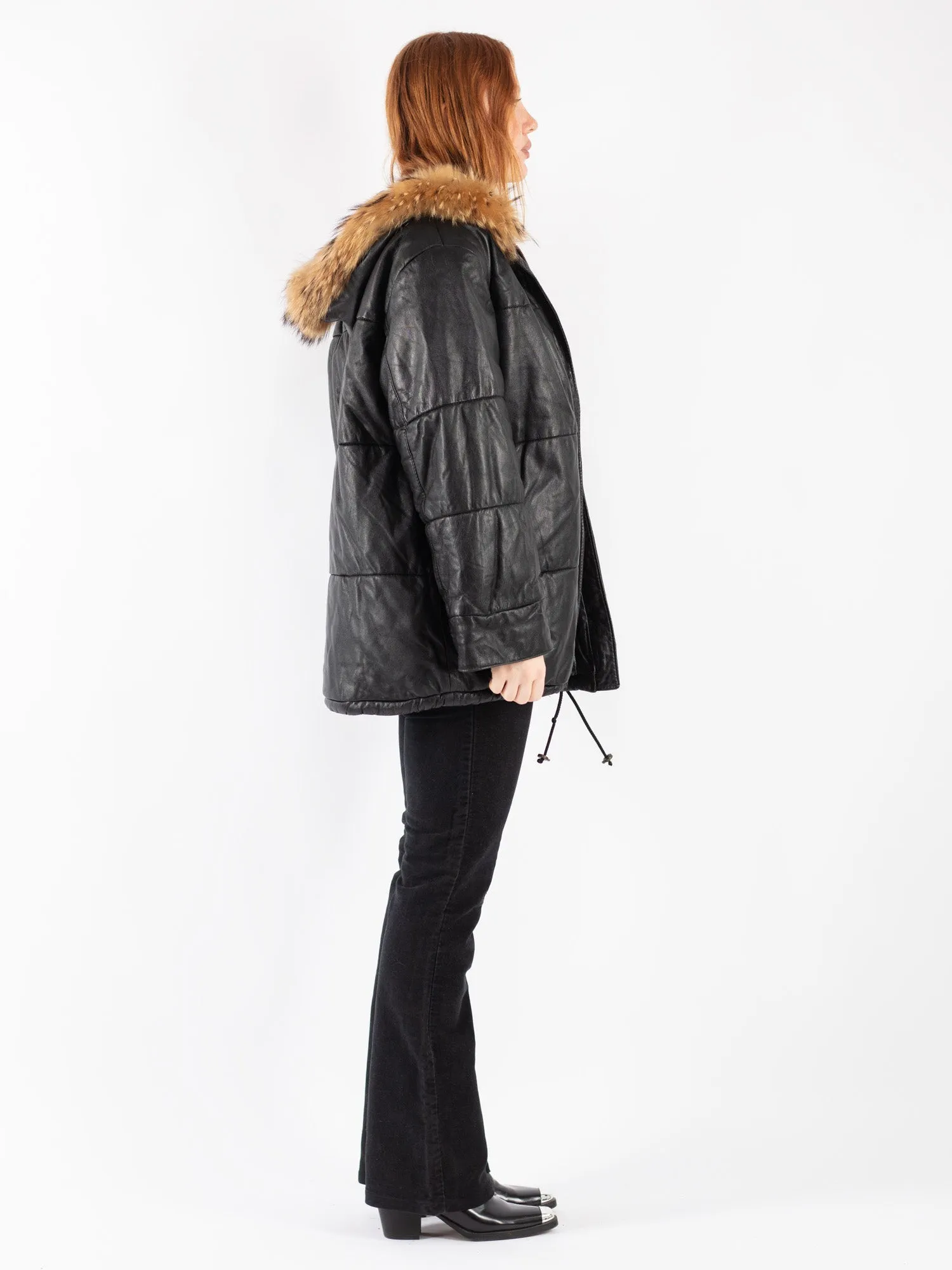 Vintage 80's Women Leather Puffer Jacket in Black