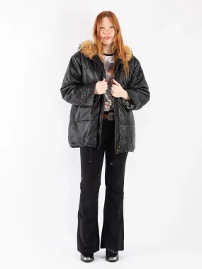 Vintage 80's Women Leather Puffer Jacket in Black