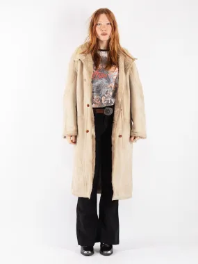 Vintage 80's Women Sheepskin Long Coat in Beige