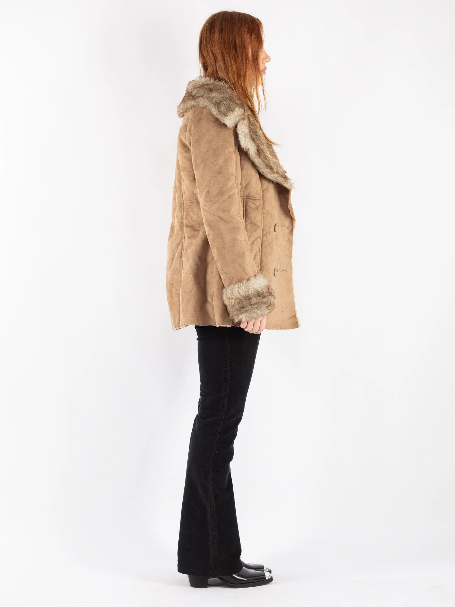 Vintage 90's Women Faux Sheepskin Coat in Beige