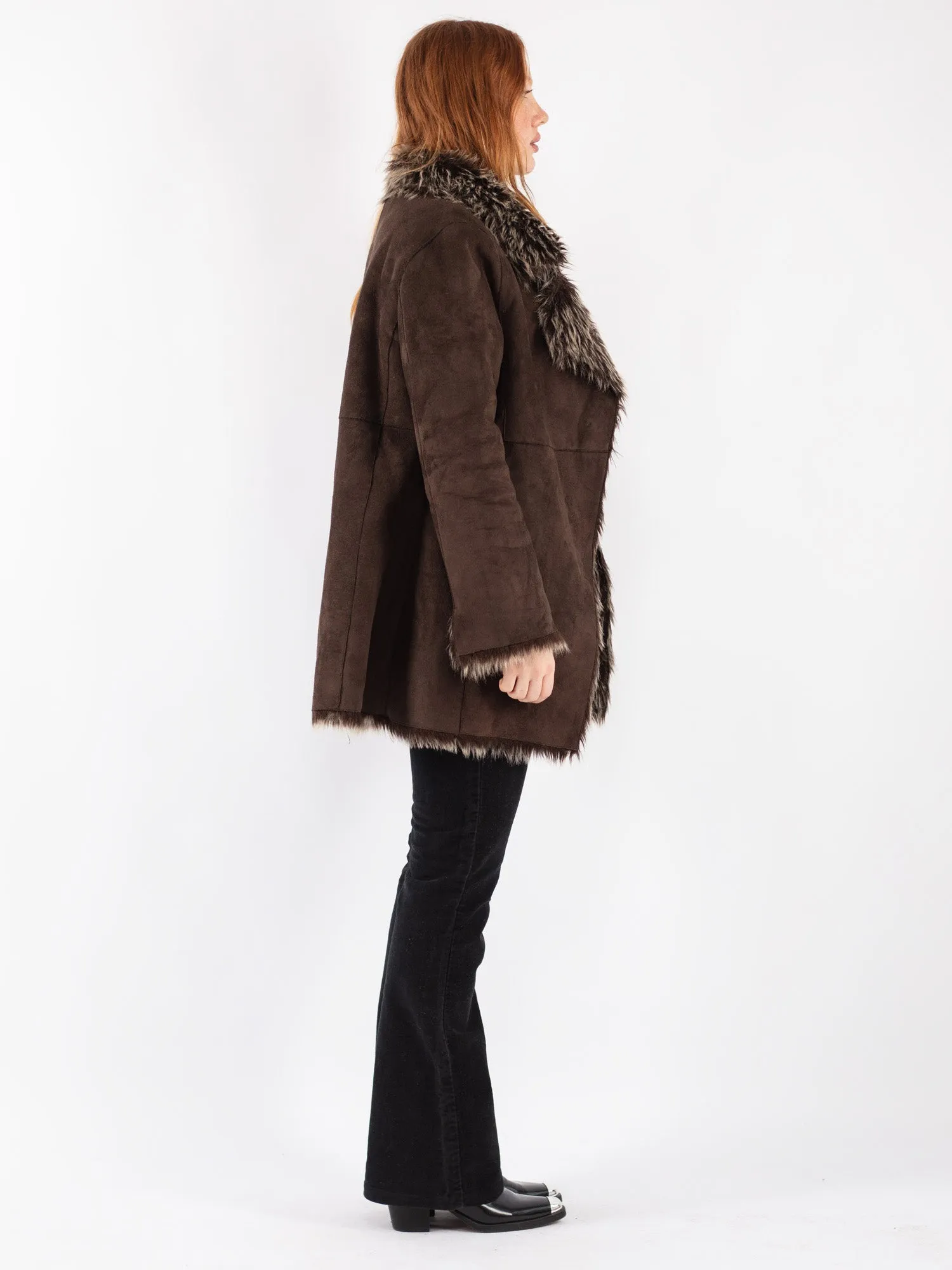 Vintage 90's Women Faux Sheepskin Coat in Brown