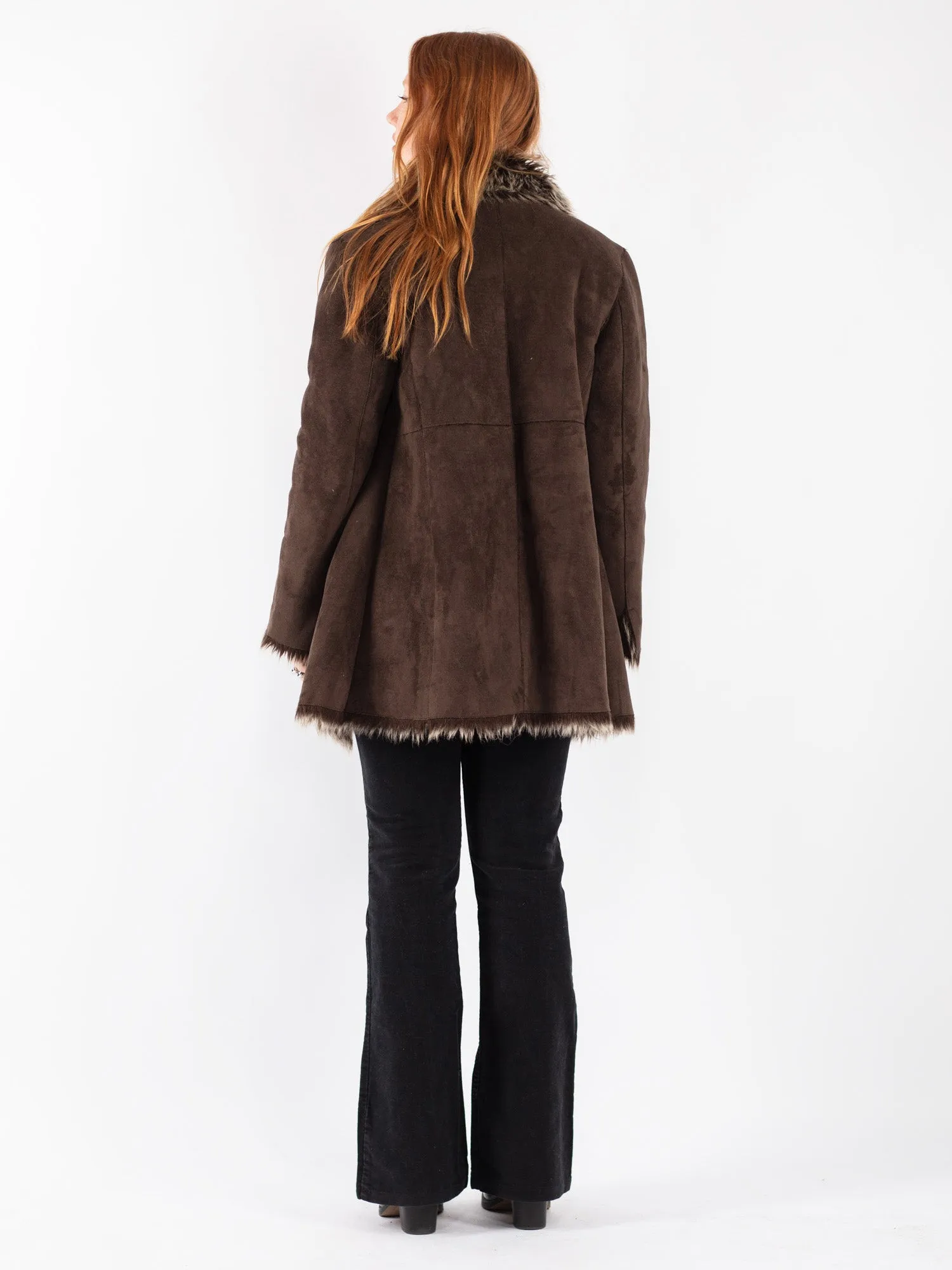 Vintage 90's Women Faux Sheepskin Coat in Brown