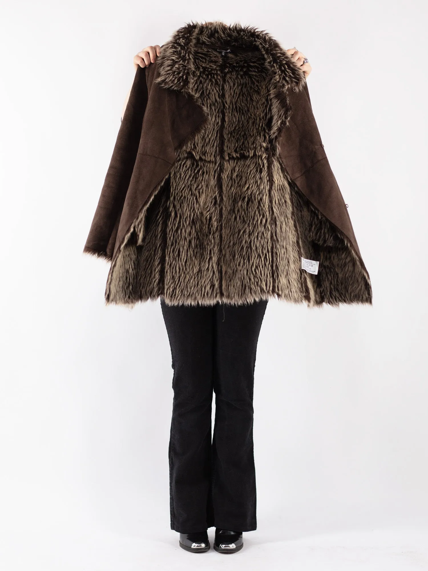 Vintage 90's Women Faux Sheepskin Coat in Brown