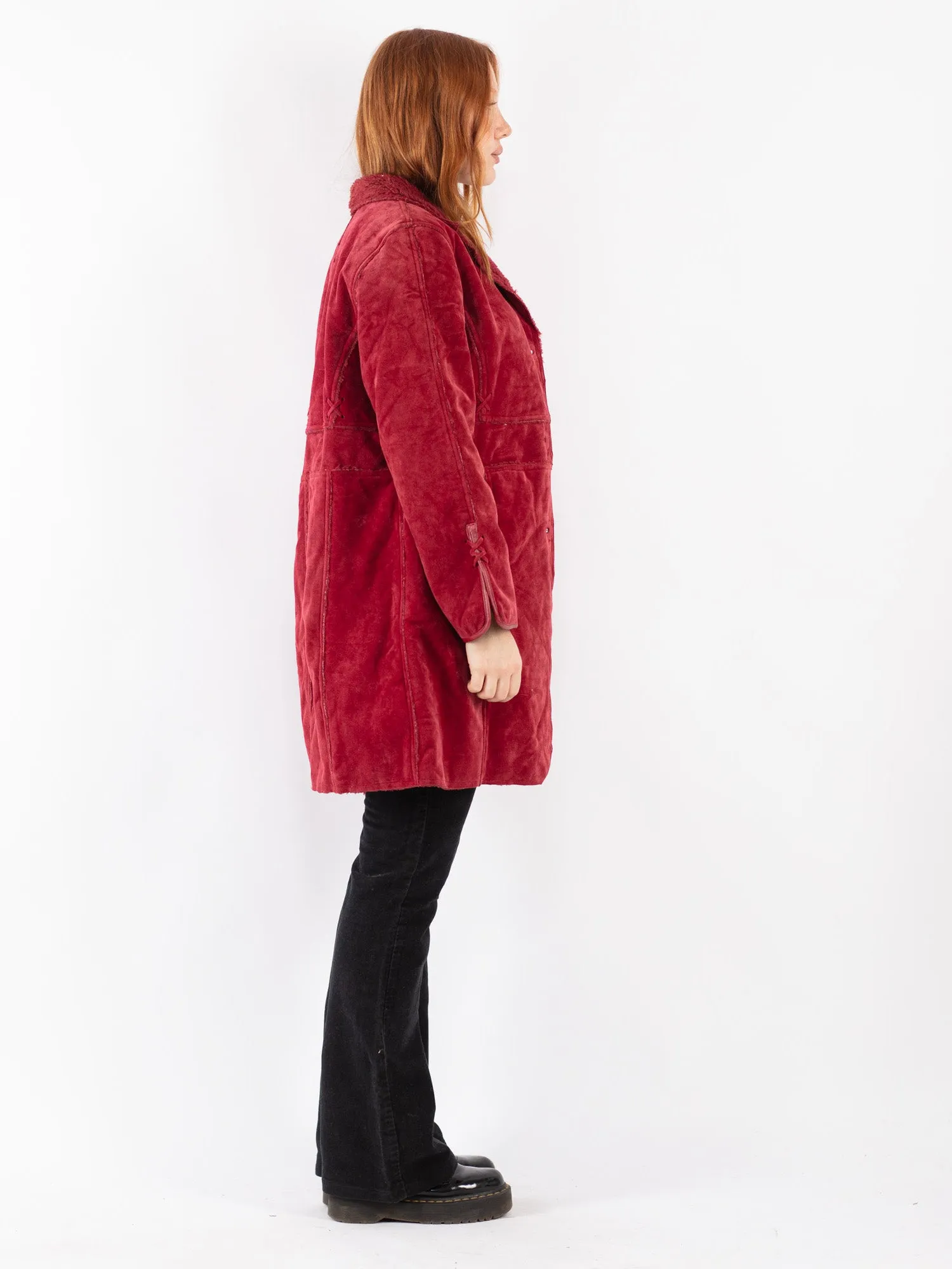 Vintage 90's Women Faux Sheepskin Coat in Red