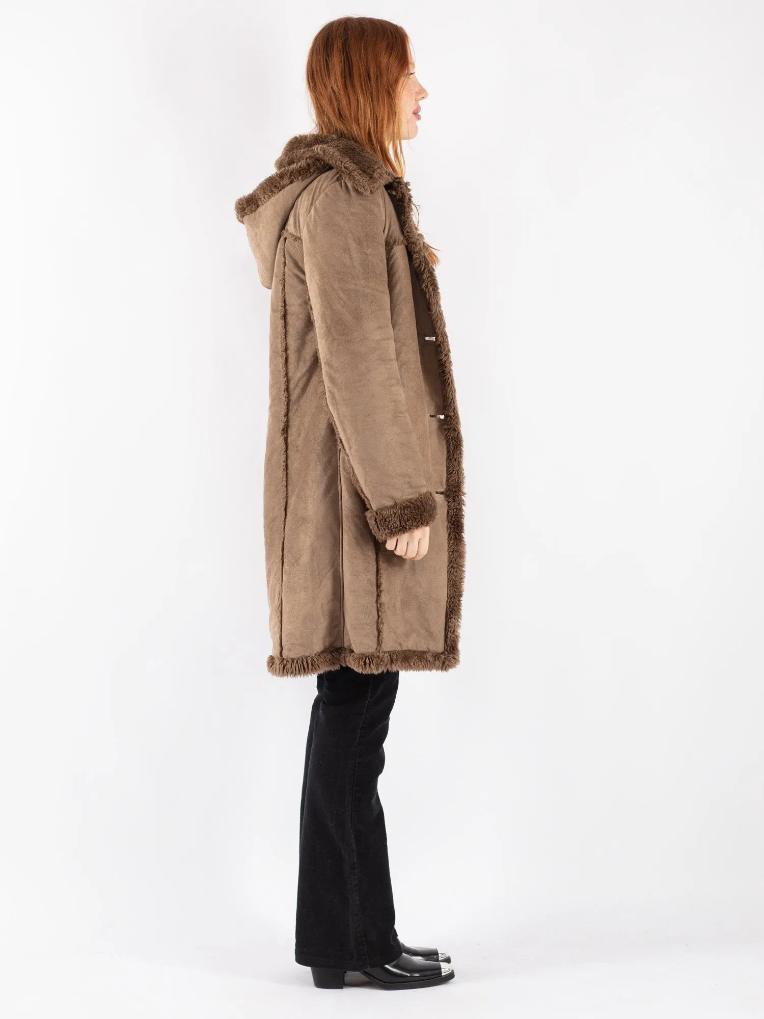 Vintage 90's Women Hooded Faux Sheepskin Coat in Beige