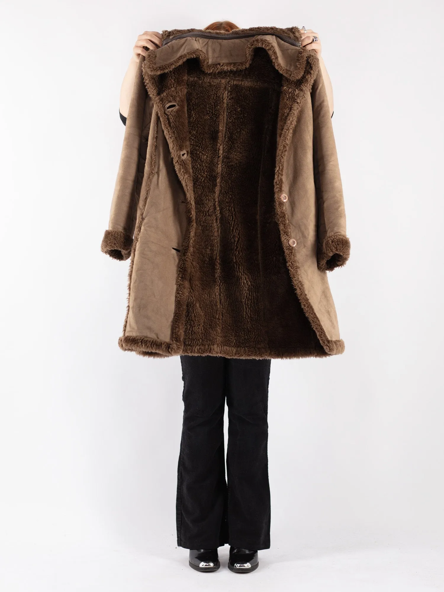 Vintage 90's Women Hooded Faux Sheepskin Coat in Beige