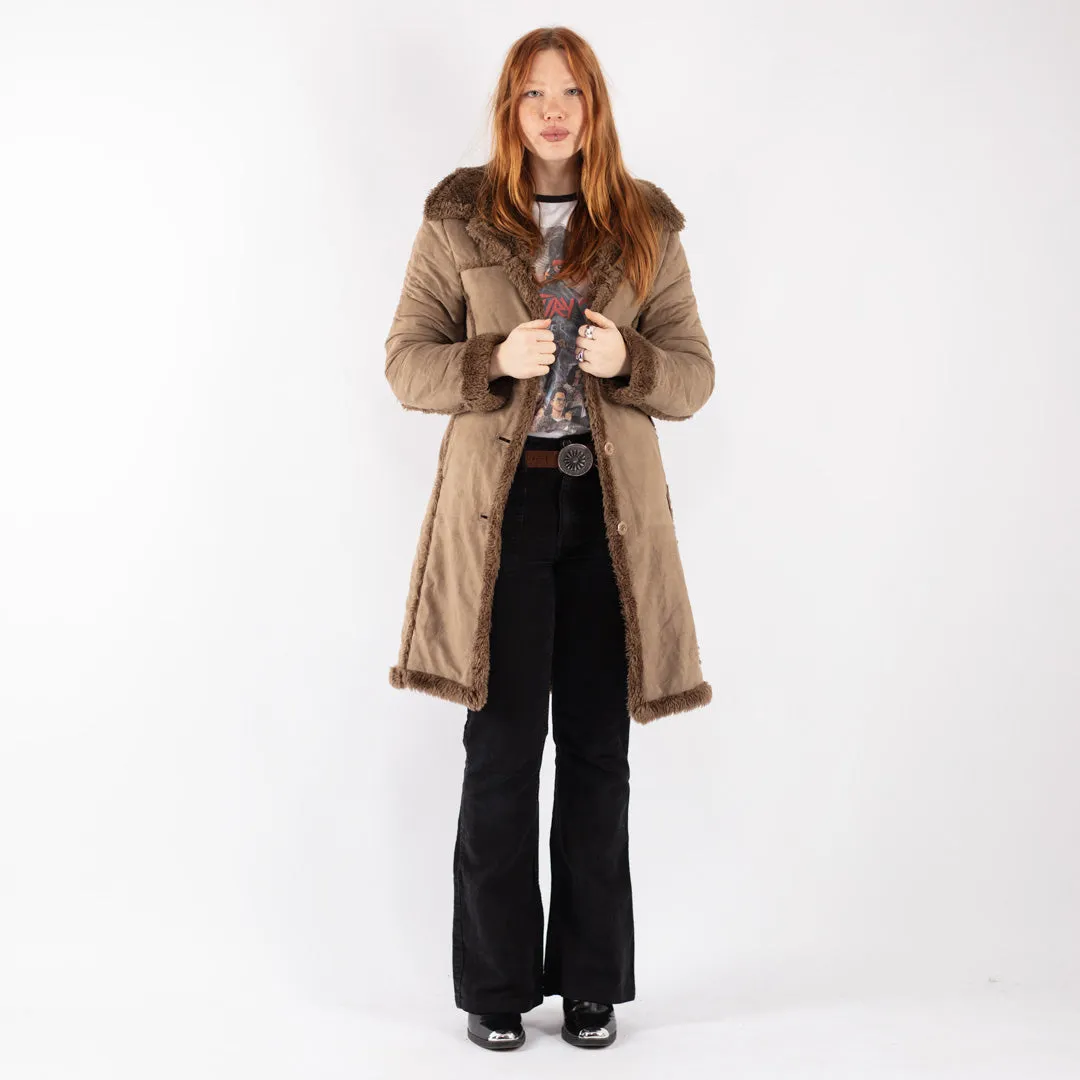 Vintage 90's Women Hooded Faux Sheepskin Coat in Beige