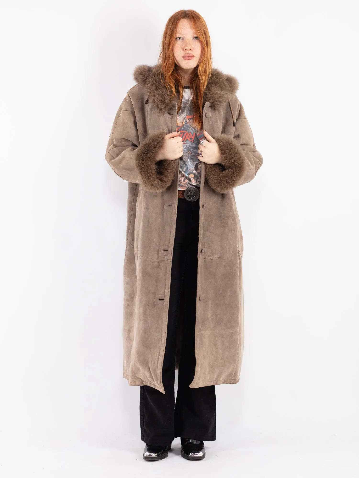 Vintage 90's Women Hooded Sheepskin Long Coat in Beige