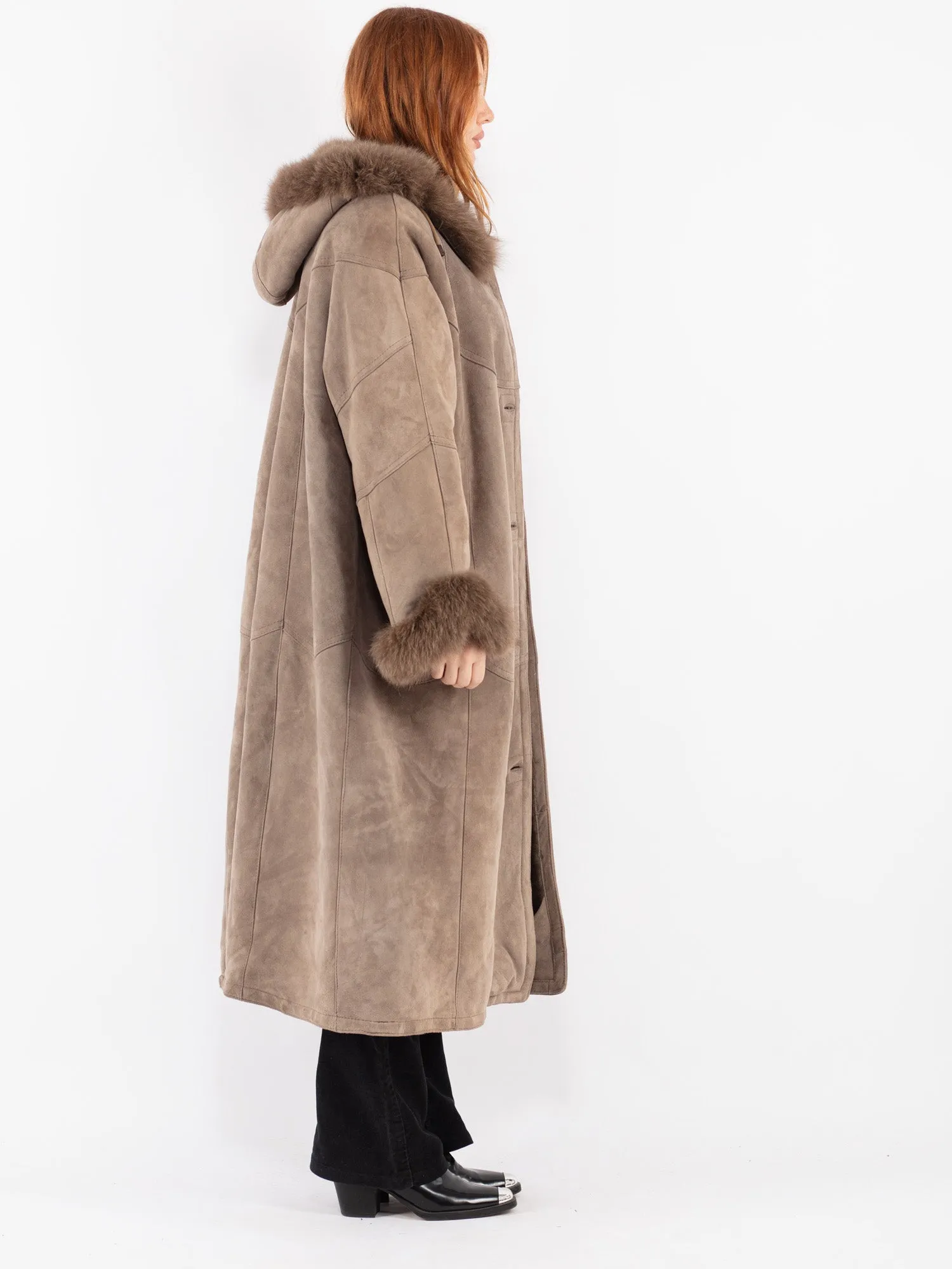 Vintage 90's Women Hooded Sheepskin Long Coat in Beige