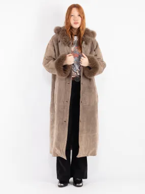 Vintage 90's Women Hooded Sheepskin Long Coat in Beige