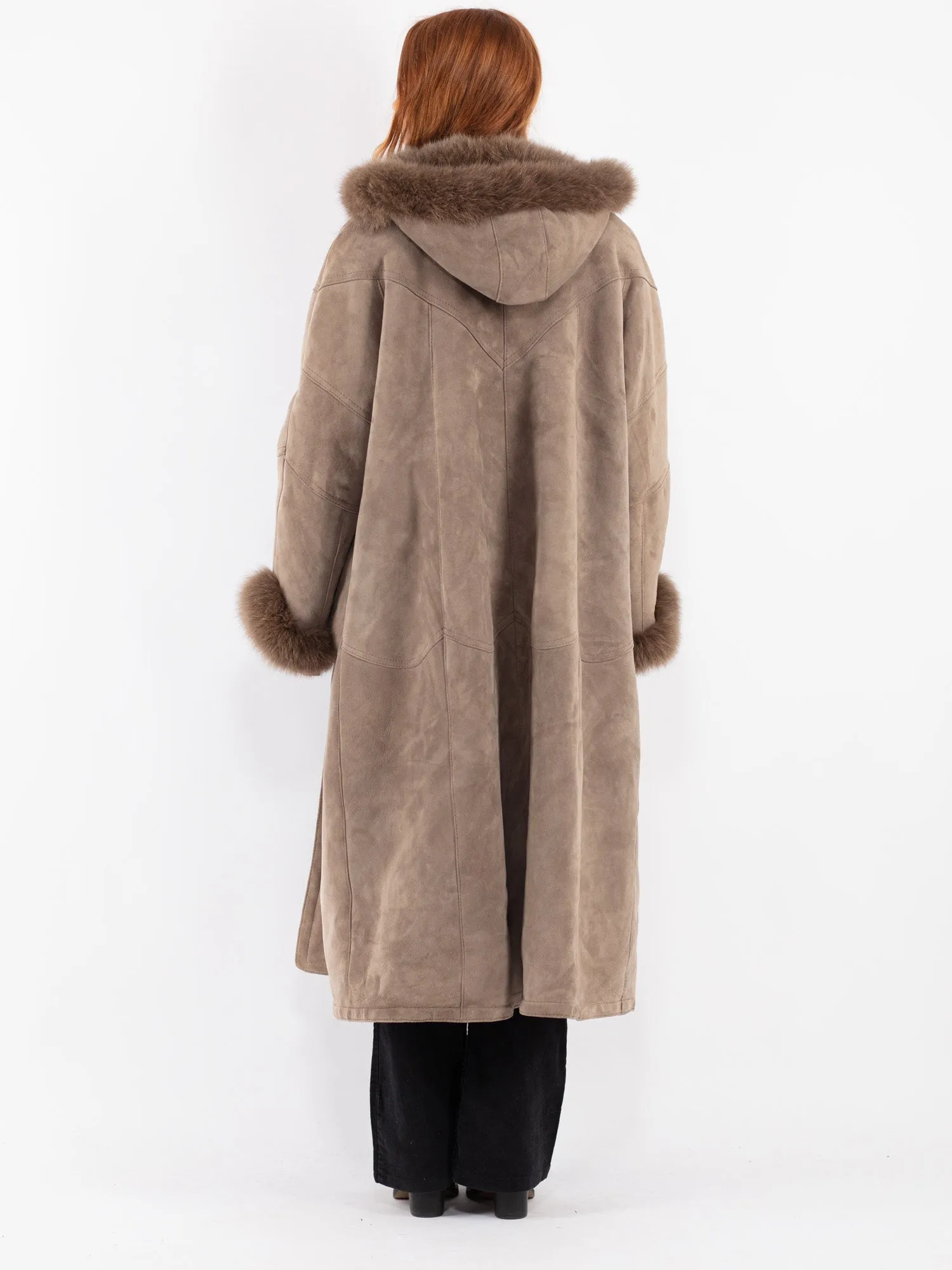 Vintage 90's Women Hooded Sheepskin Long Coat in Beige