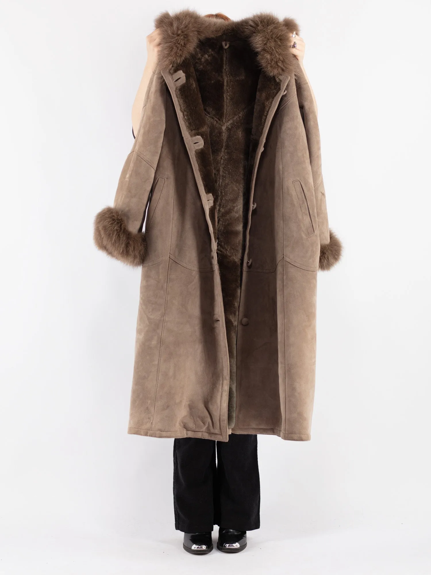 Vintage 90's Women Hooded Sheepskin Long Coat in Beige