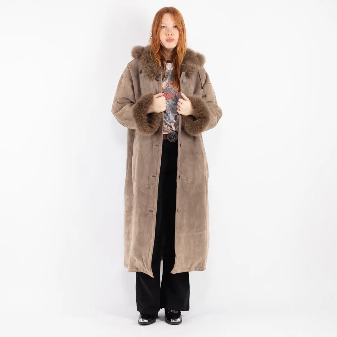 Vintage 90's Women Hooded Sheepskin Long Coat in Beige