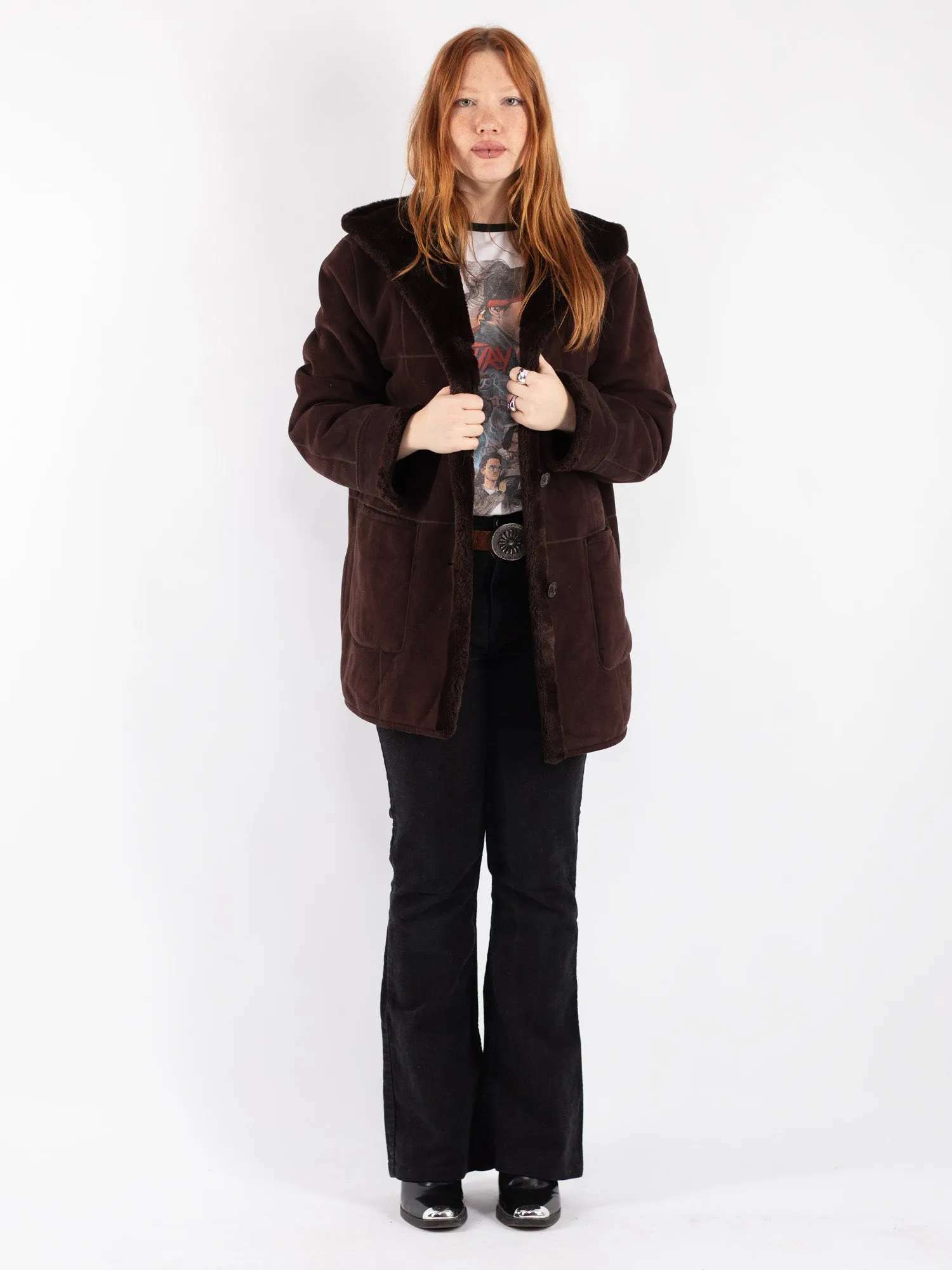 Vintage 90's Women Hooded Sherpa Coat in Brown