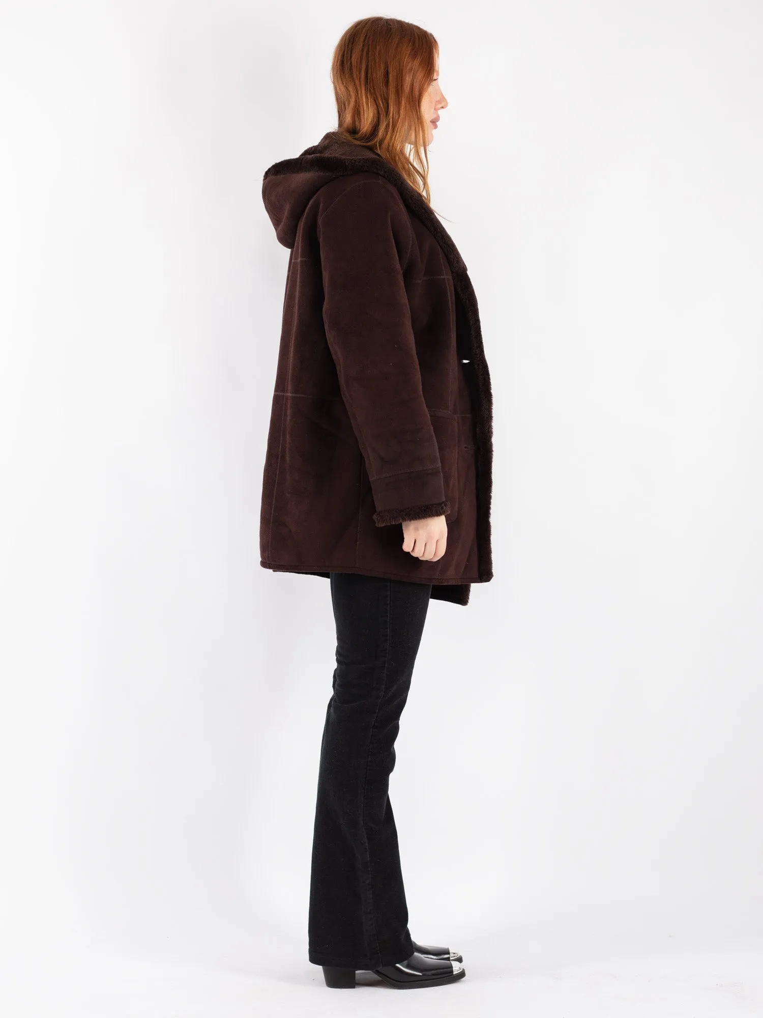 Vintage 90's Women Hooded Sherpa Coat in Brown