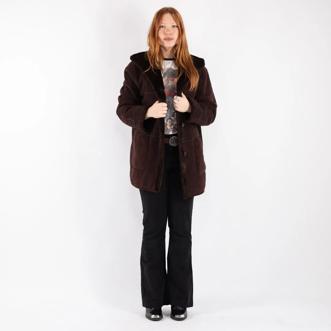 Vintage 90's Women Hooded Sherpa Coat in Brown