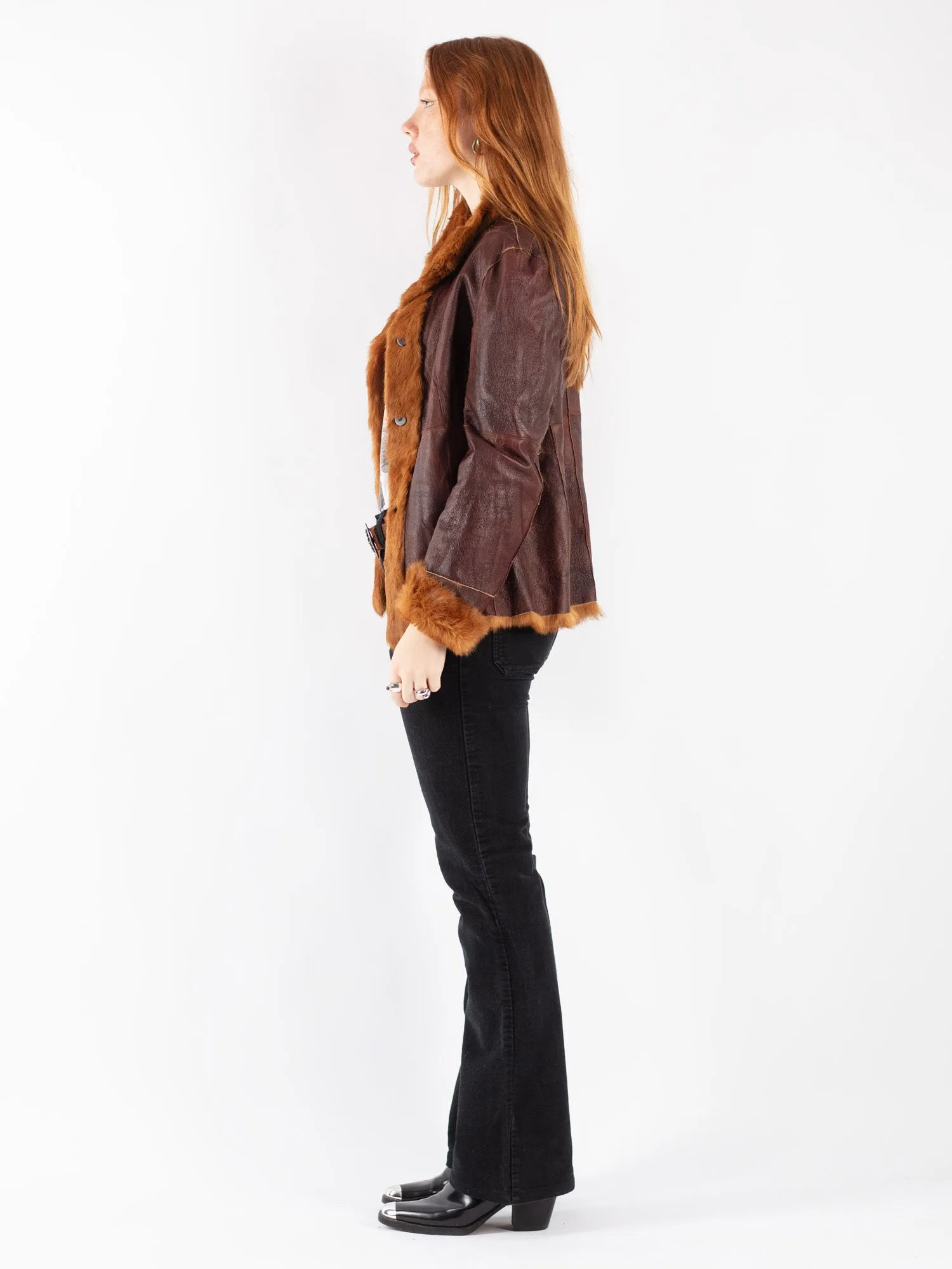 Vintage 90's Women Leather Fur Coat in Brown