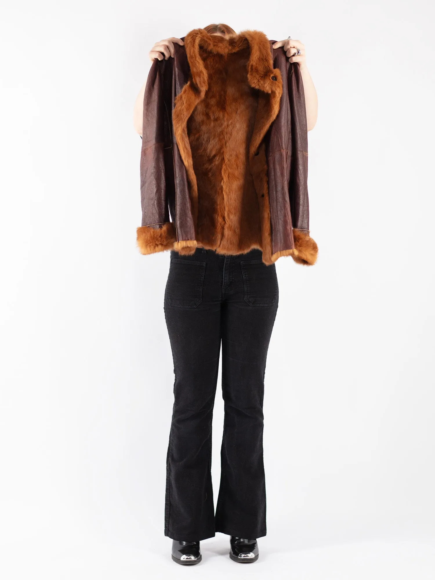 Vintage 90's Women Leather Fur Coat in Brown