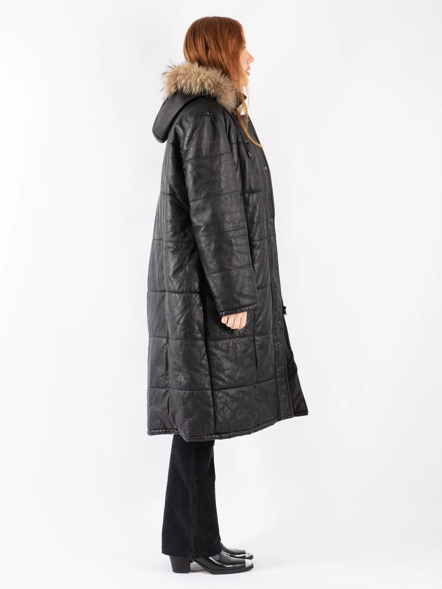 Vintage 90's Women Leather Puffer Coat in Black