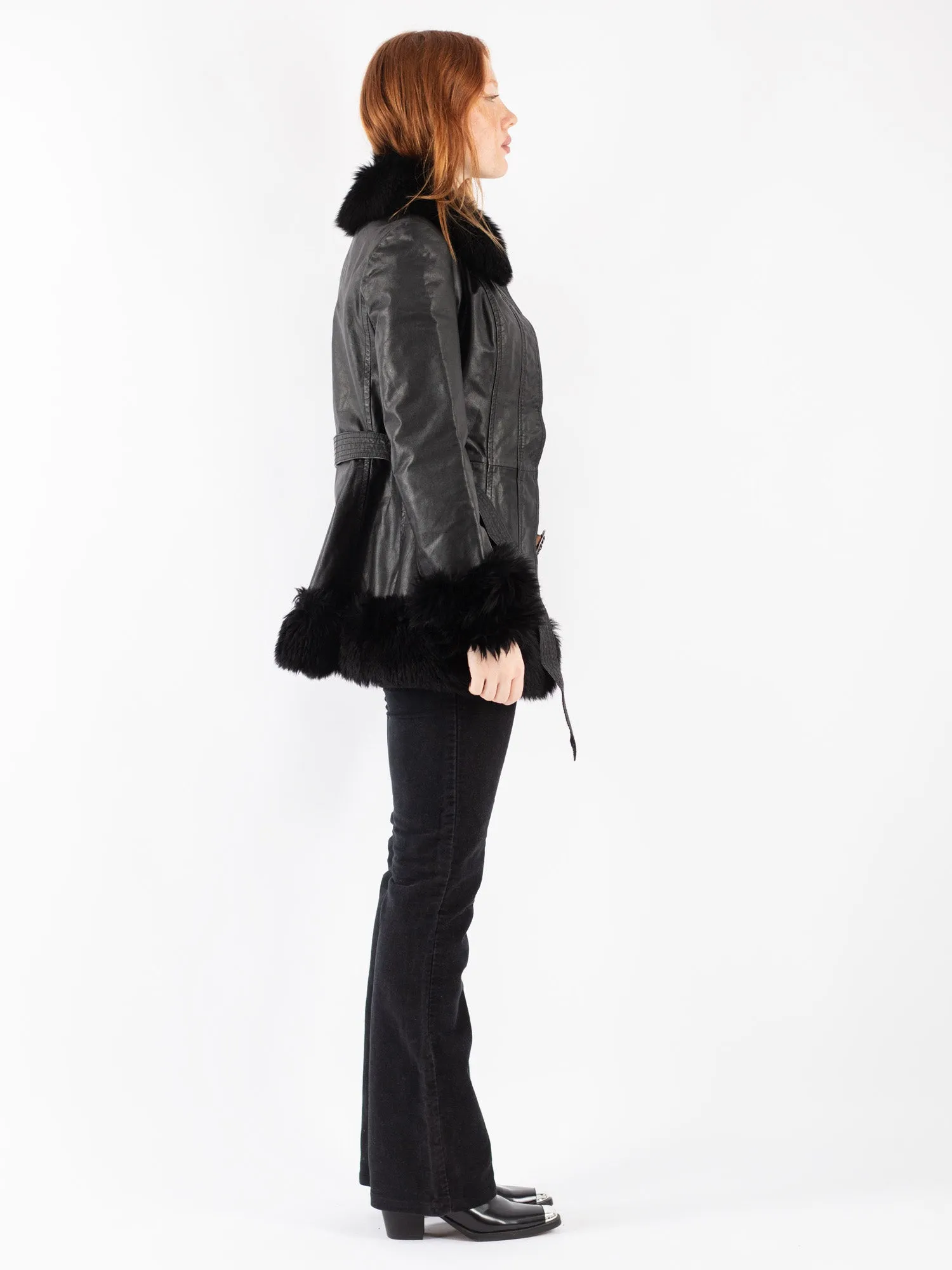 Vintage 90's Women Leather Sherpa Coat in Black