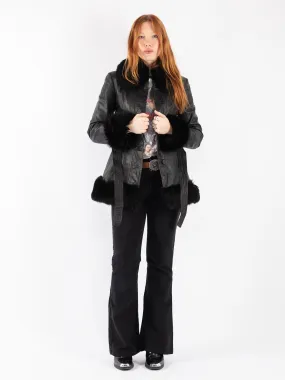 Vintage 90's Women Leather Sherpa Coat in Black