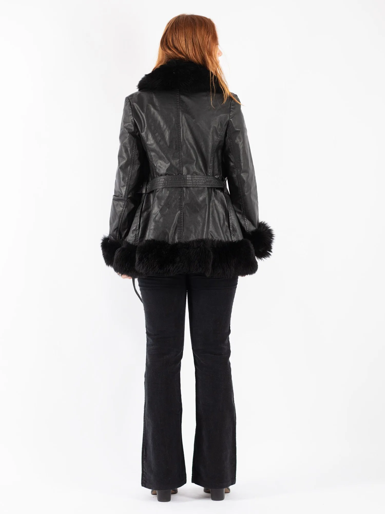 Vintage 90's Women Leather Sherpa Coat in Black