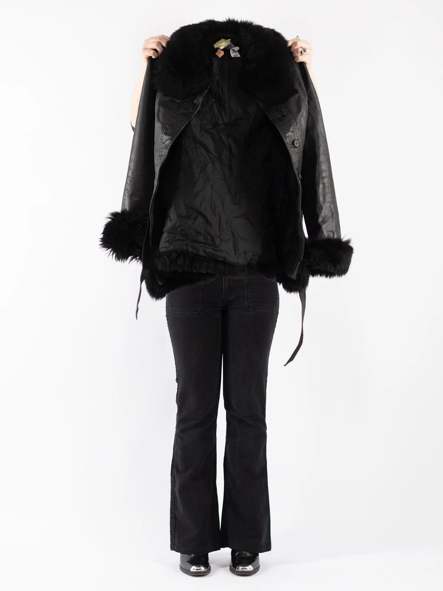 Vintage 90's Women Leather Sherpa Coat in Black