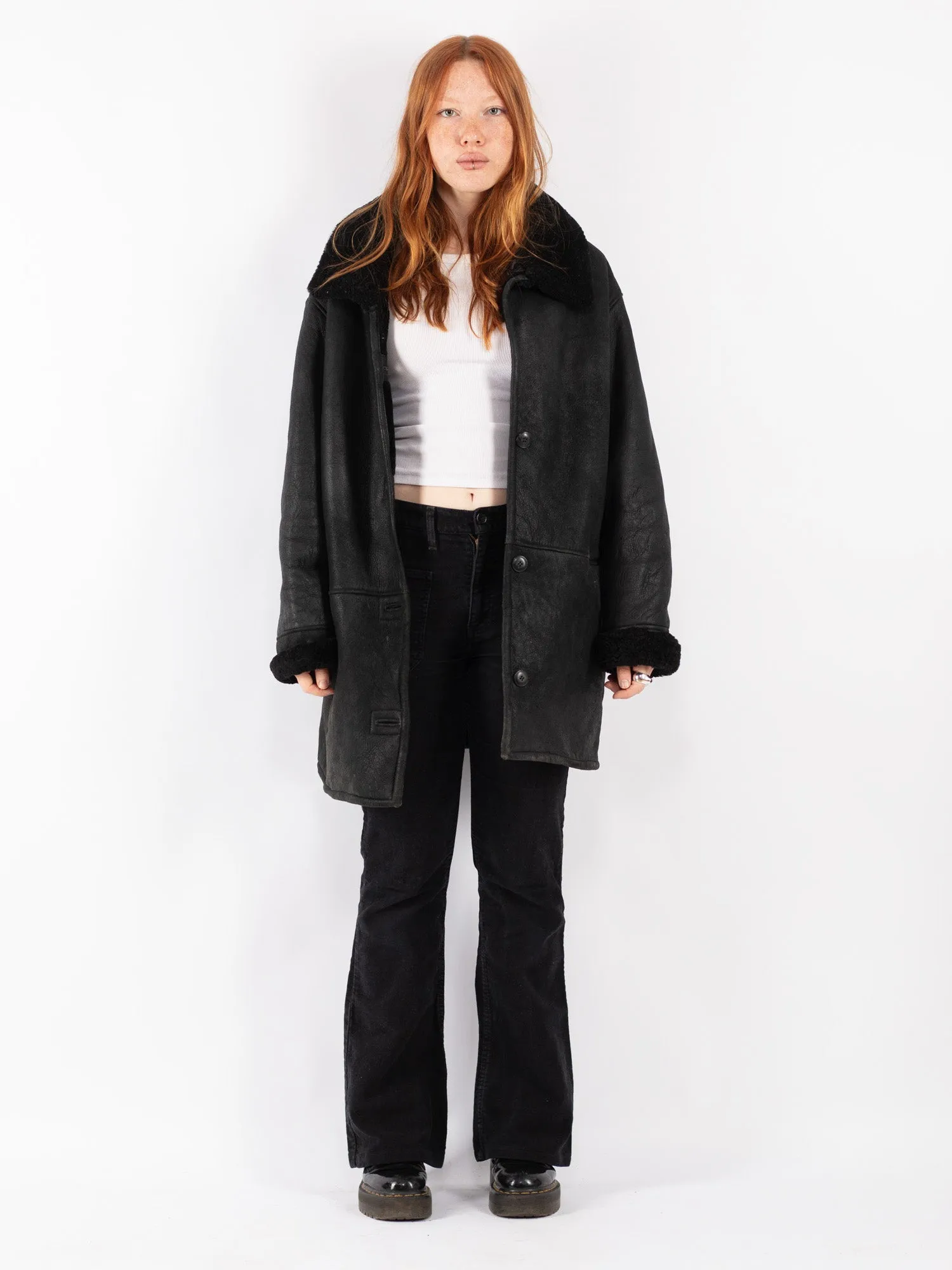 Vintage 90's Women Sheepskin Coat in Black