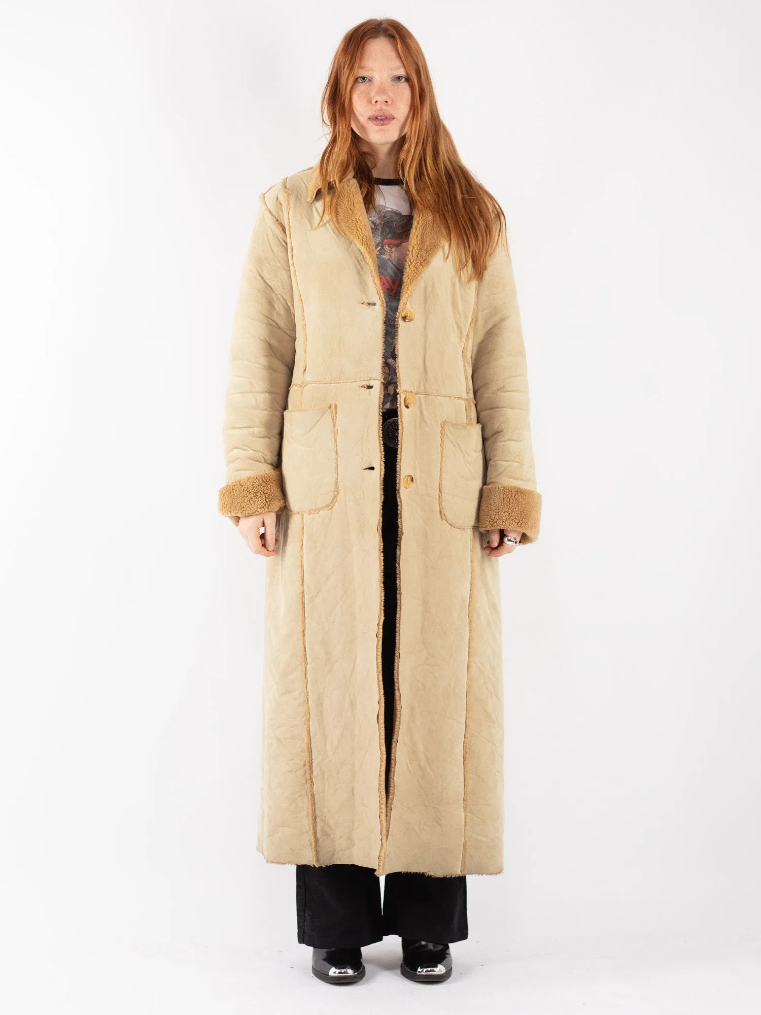 Vintage 90's Women Sherpa Long Coat in Beige