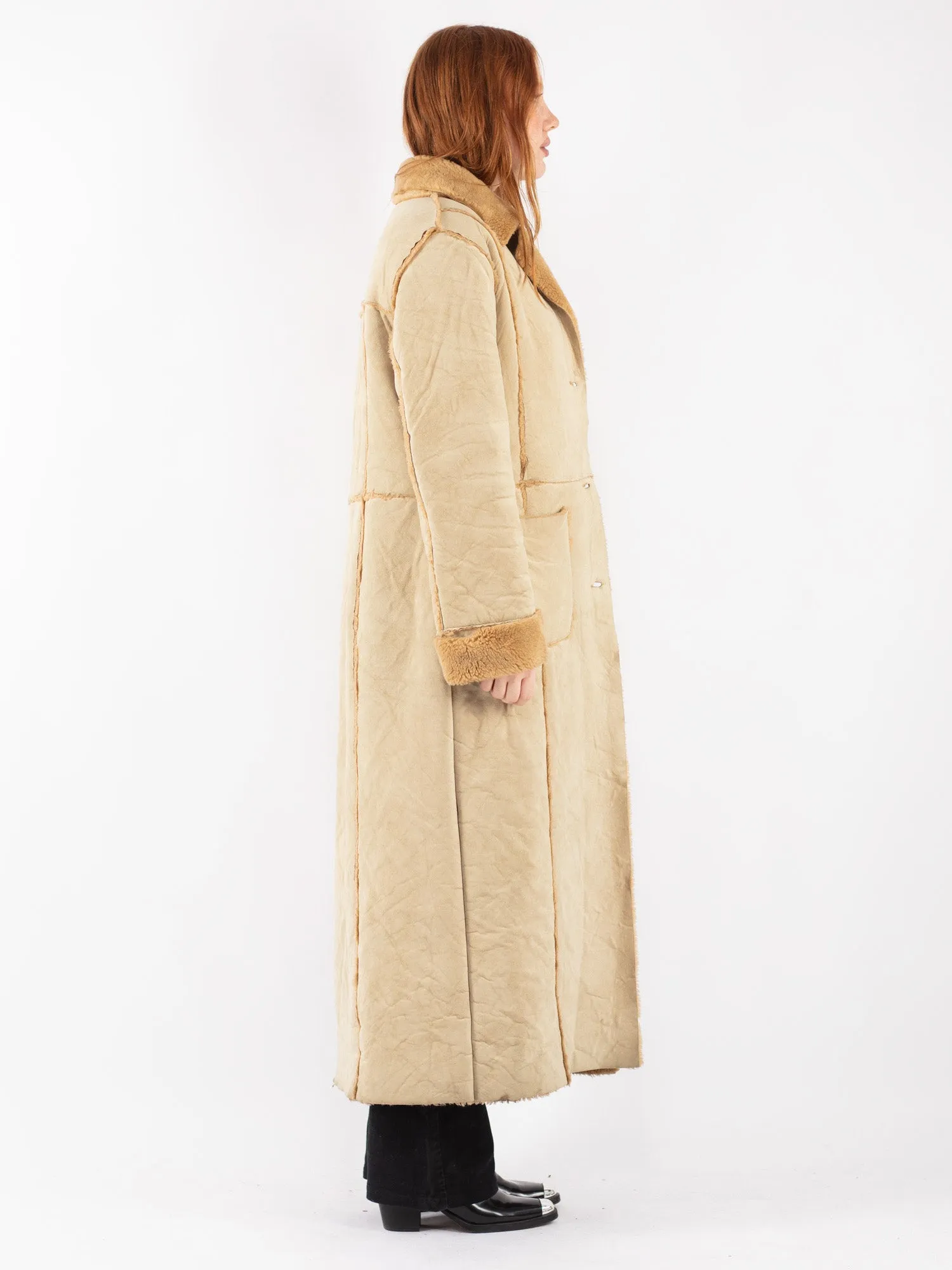 Vintage 90's Women Sherpa Long Coat in Beige