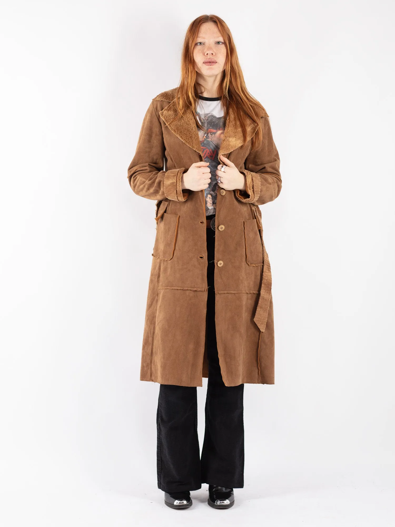 Vintage 90's Women Sherpa Long Coat in Brown