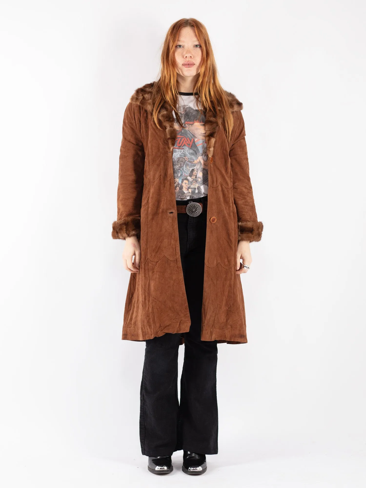 Vintage 90's Women Suede Fur Coat in Brown