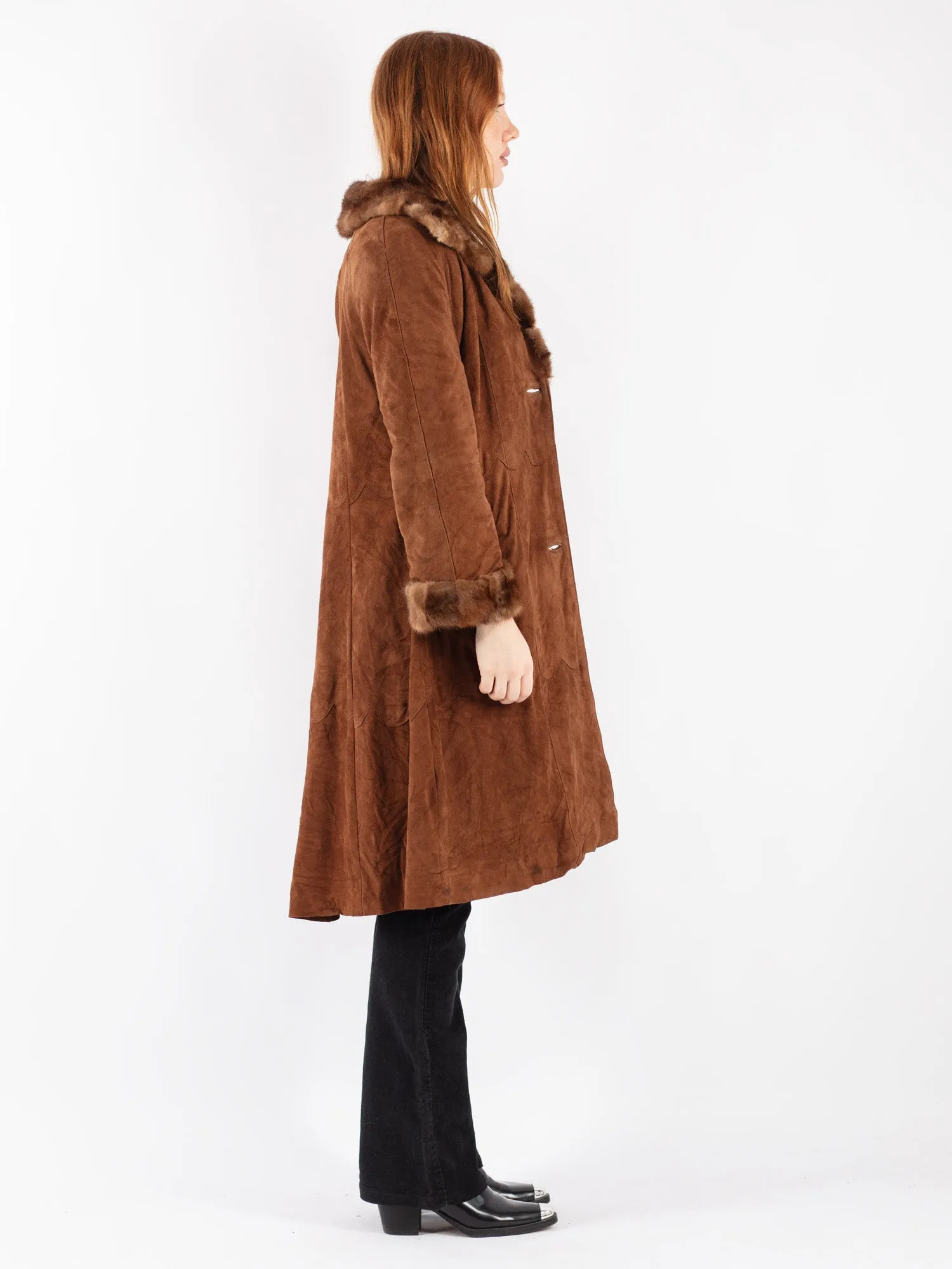 Vintage 90's Women Suede Fur Coat in Brown